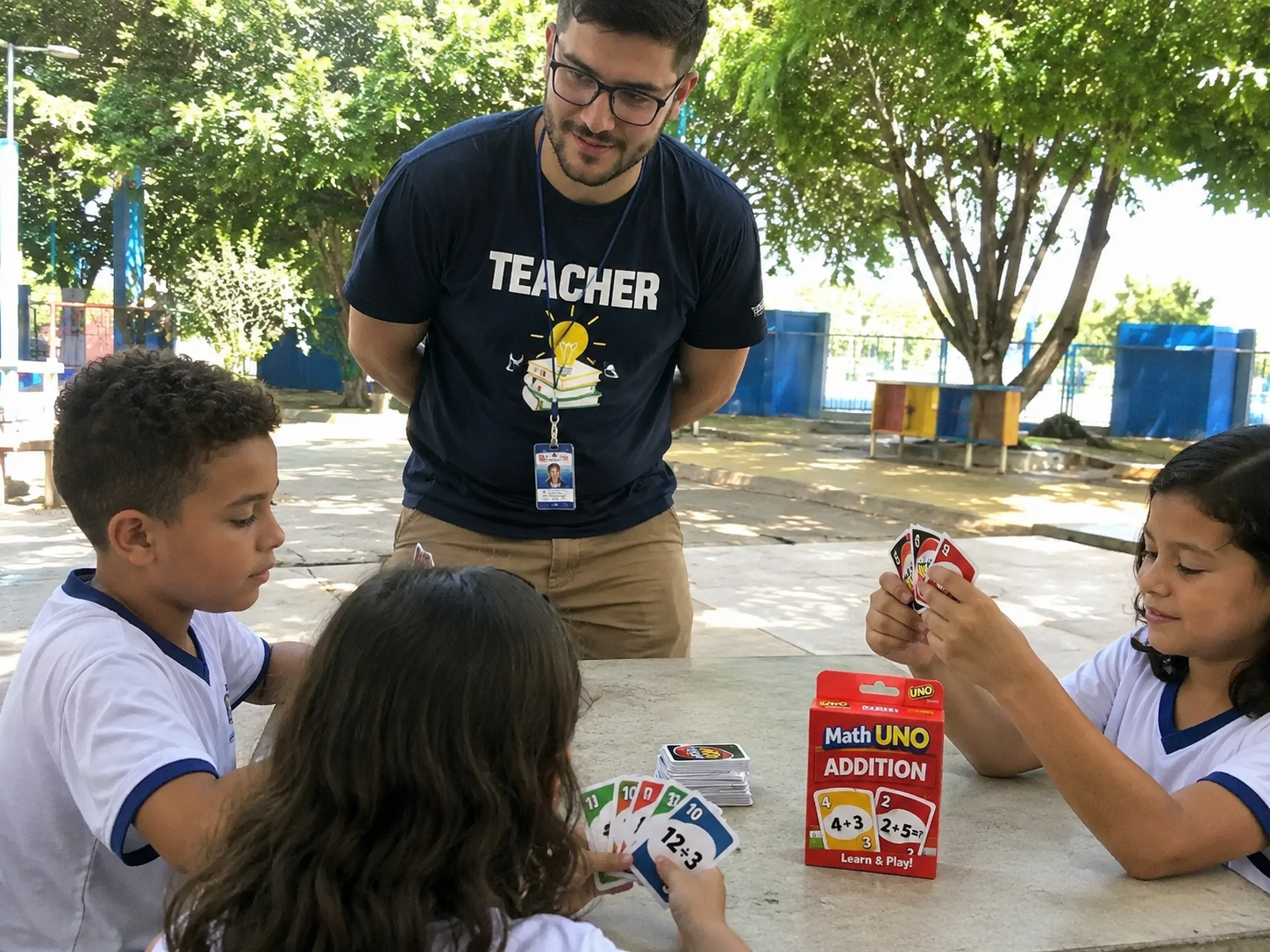 Teacher and children playing Math UNO Addition outdoors