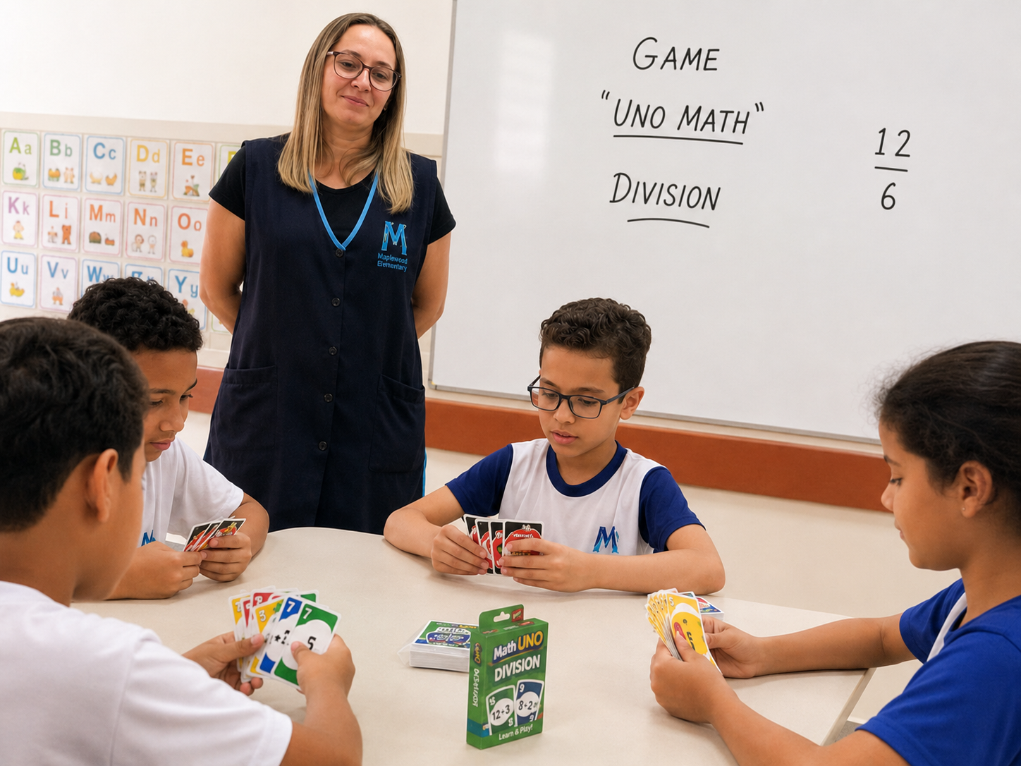 Teacher leading a Math UNO division game in a classroom