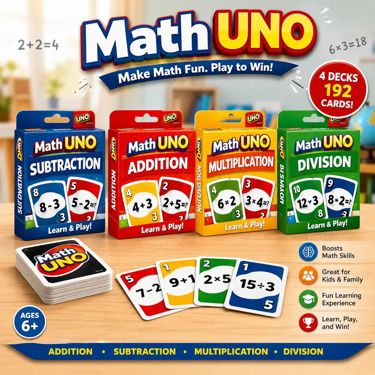 Math UNO — 4 decks, 192 cards